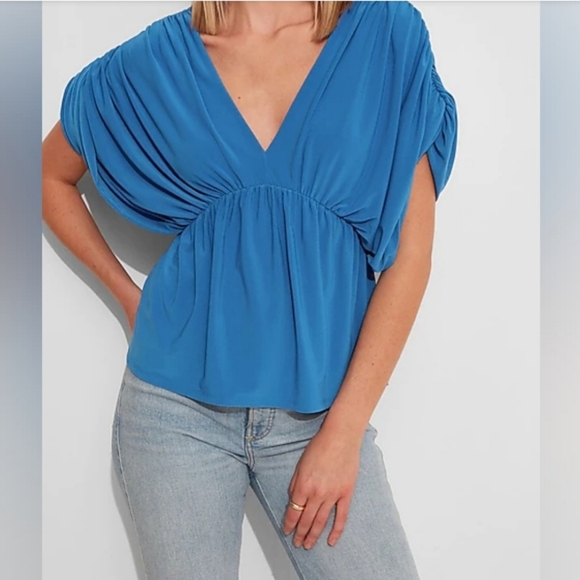 Express Peplum Draped Top Size Large Womens Blue V Neck Short Sleeve Blouse - Picture 2 of 8